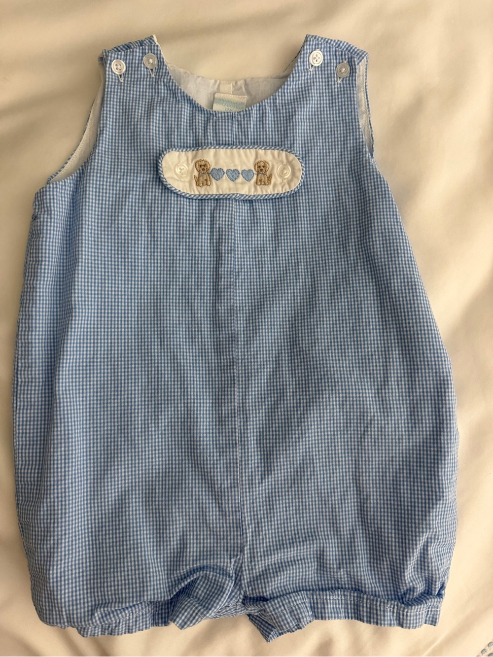 Edgehill Collection Baby Blue Gingham Romper with Puppy Dog Patch 12 month